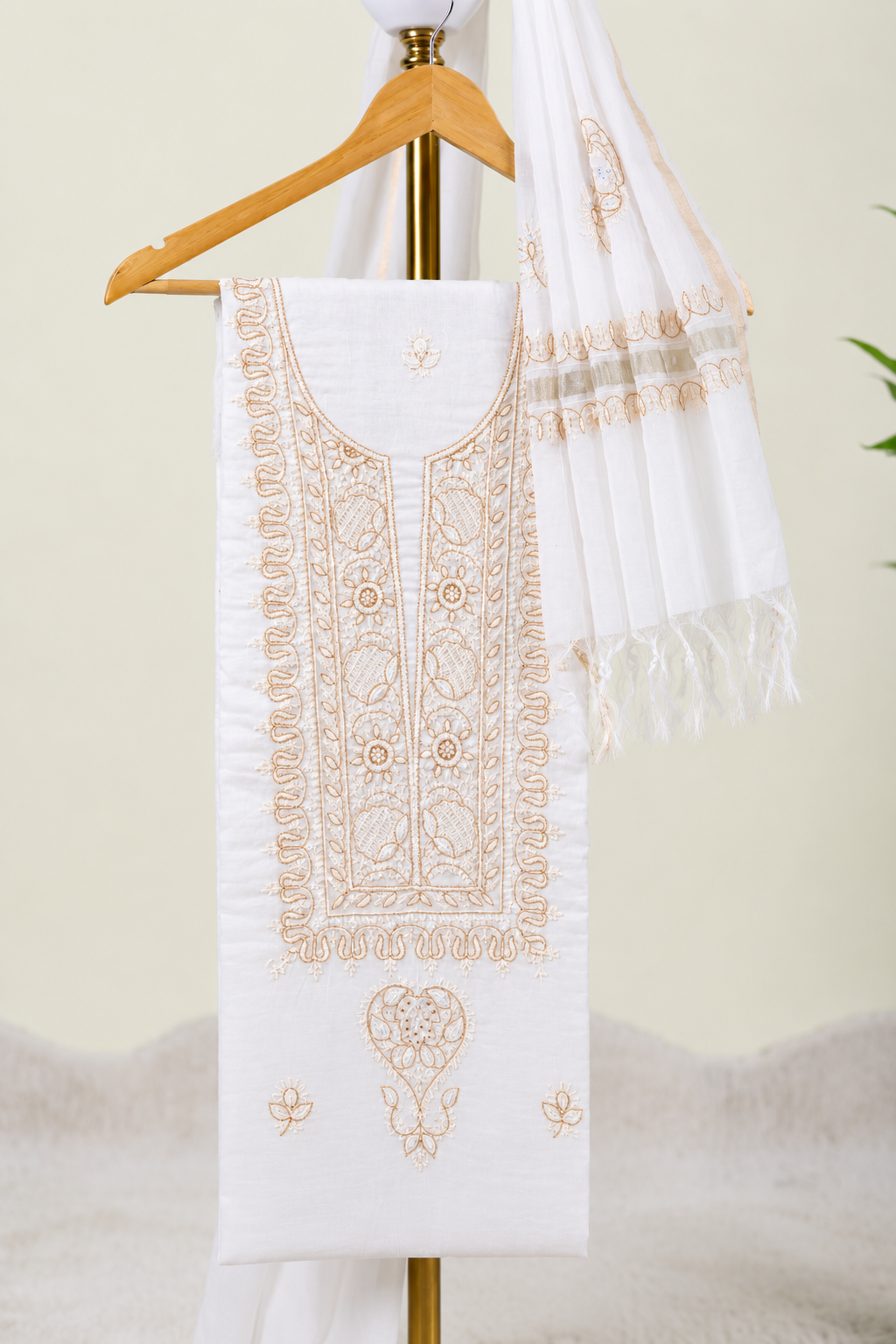 Ivory White Chikankari Unstitched Kurta & Dupatta – Indian wear front view
