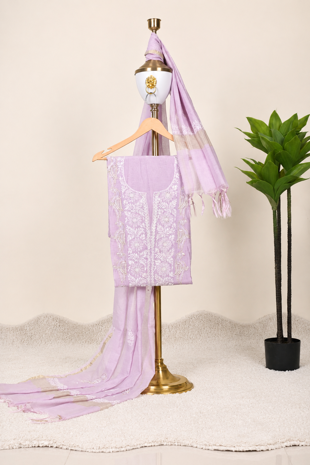 Lavender Chikankari Embroidered Unstitched Kurta with Dupatta – Indian wear front view