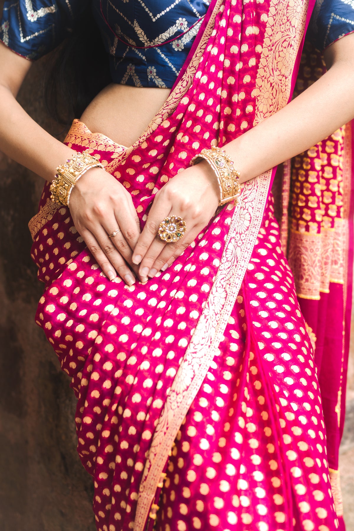 Magenta Banarasi Silk Saree –  gold zari design close-up