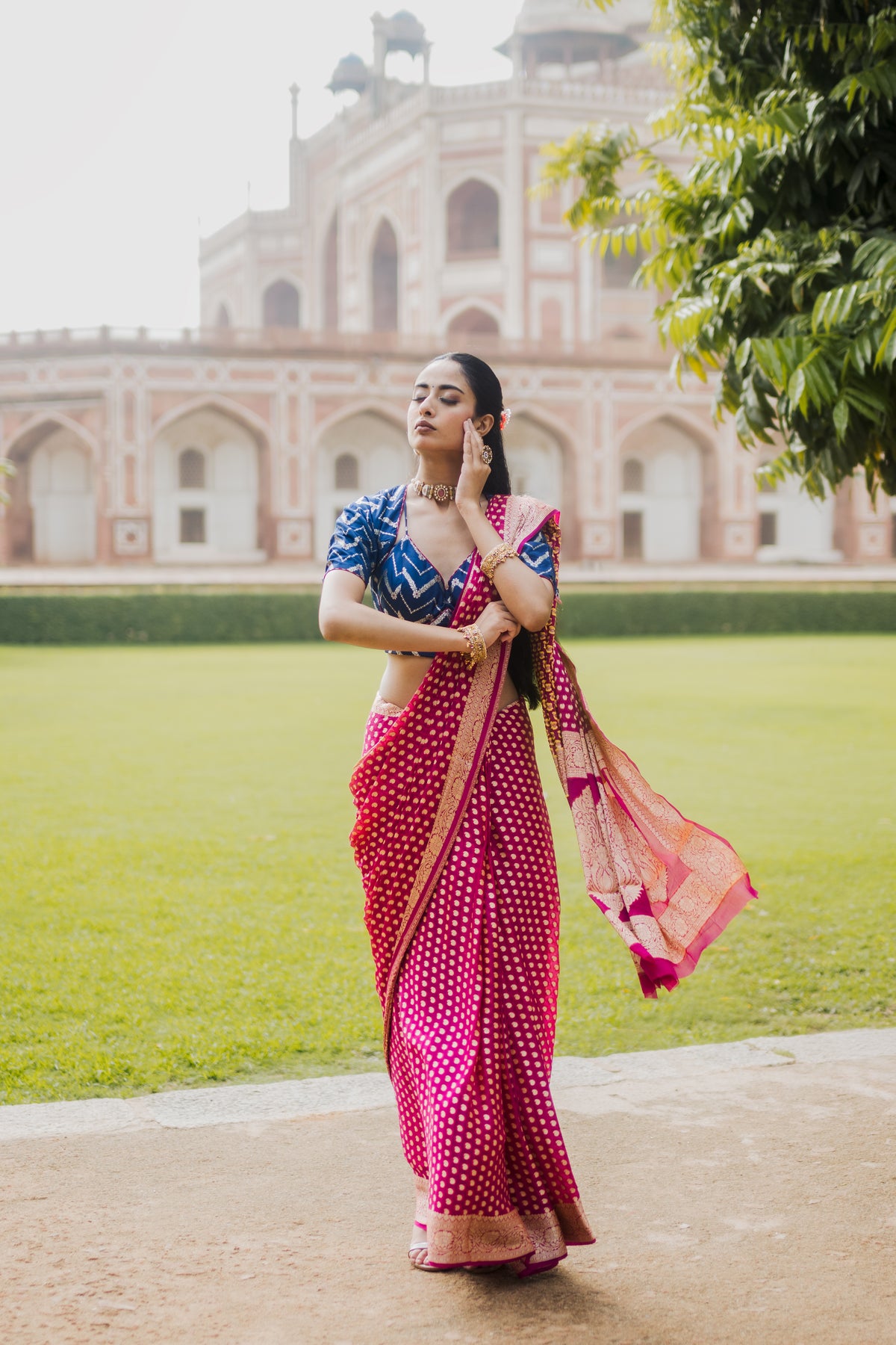 Magenta Banarasi Silk Saree with Gold Zari Buti – Indian ethnic wear for women front view