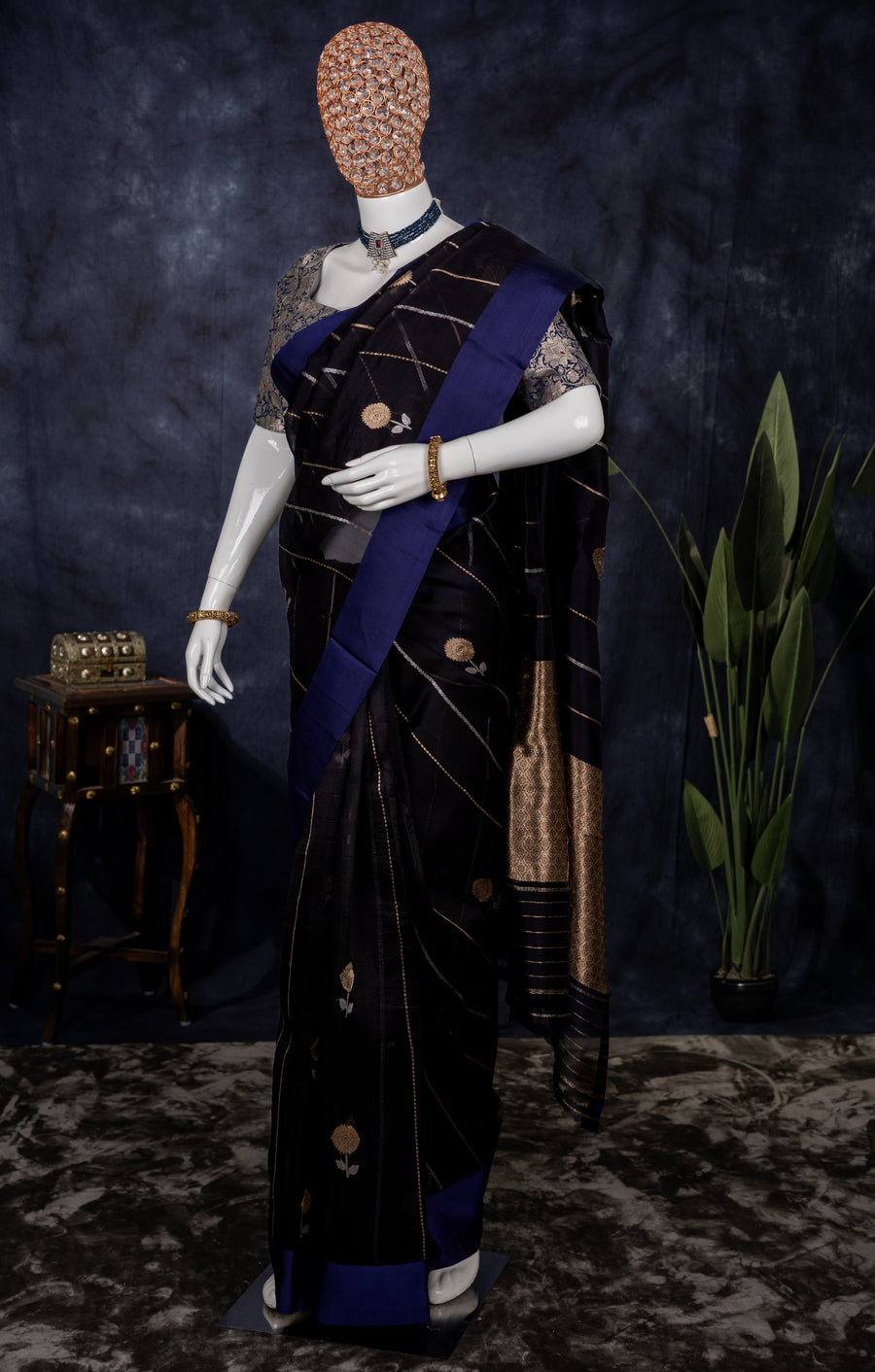 Midnight Royale Handwoven Zari Saree – Indian wear front view