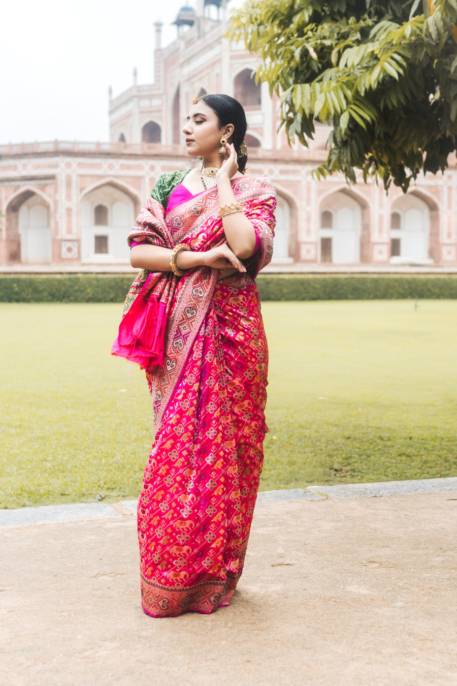 Rani Pink Patola Silk Saree with Matching Pink Blouse – Indian ethnic wear front view