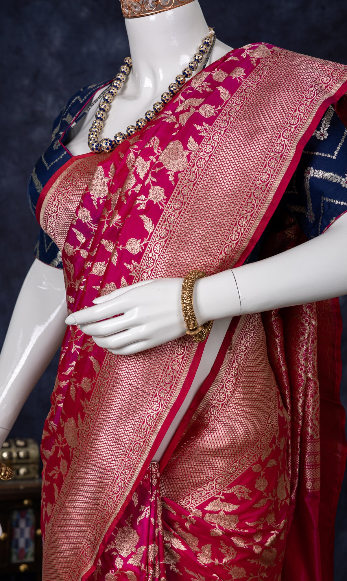 Royal Fuchsia Banarasi Silk Saree – floral detail close-up