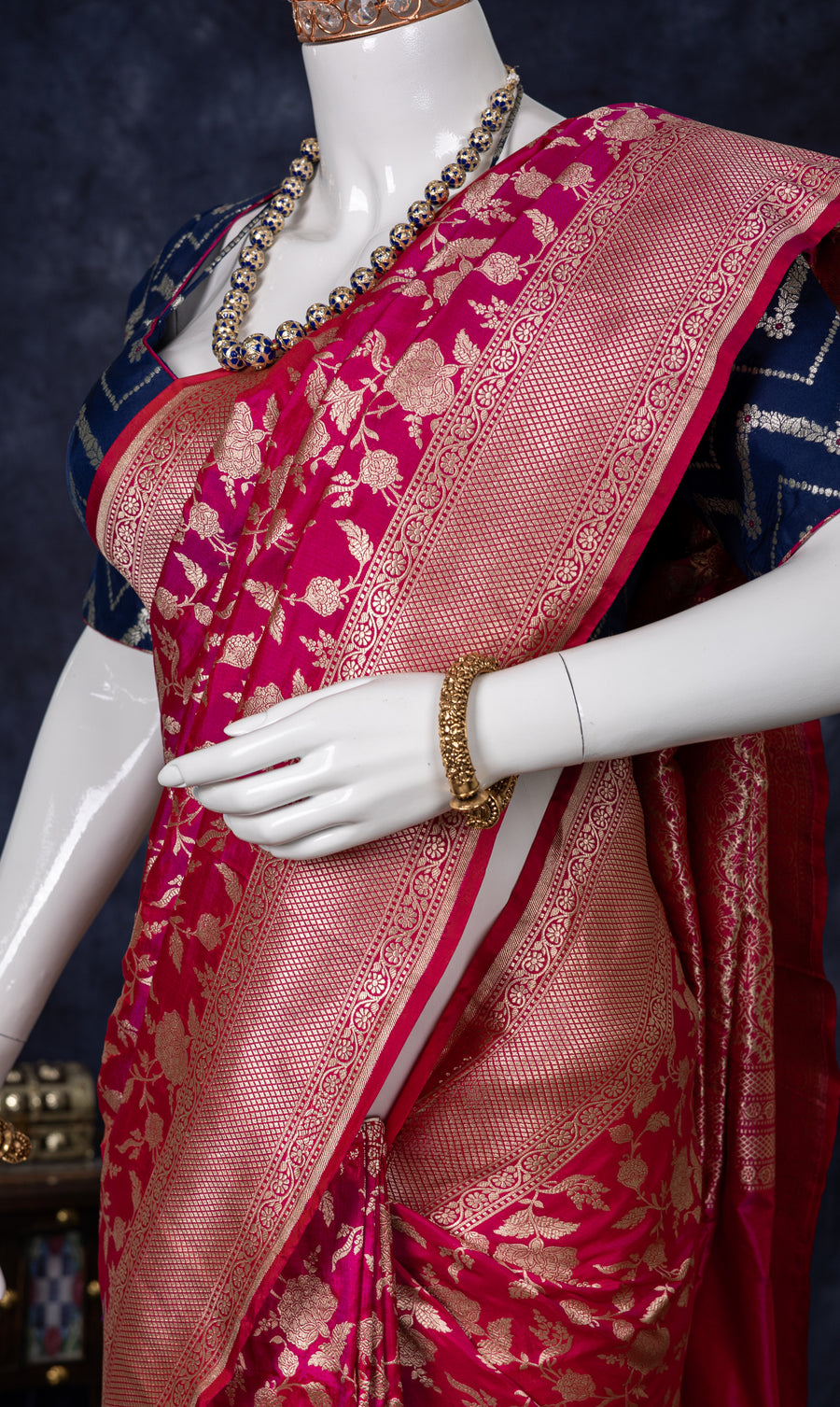 Royal Fuchsia Banarasi Silk Saree – floral detail close-up