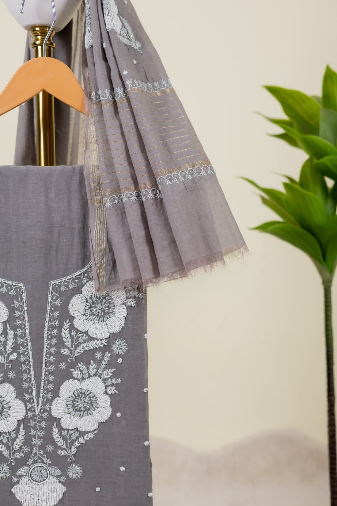 Slate Grey Chikankari Unstitched Kurta & Dupatta – Indian ethnic wear front view
