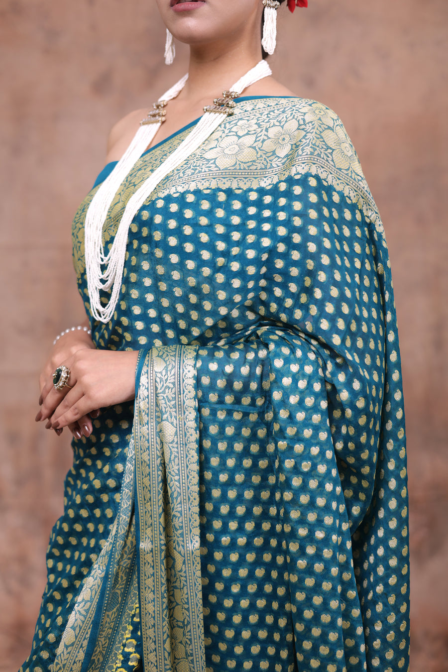 Teal Blue Gold Paisley Woven Saree – elegant handloom woven sarees