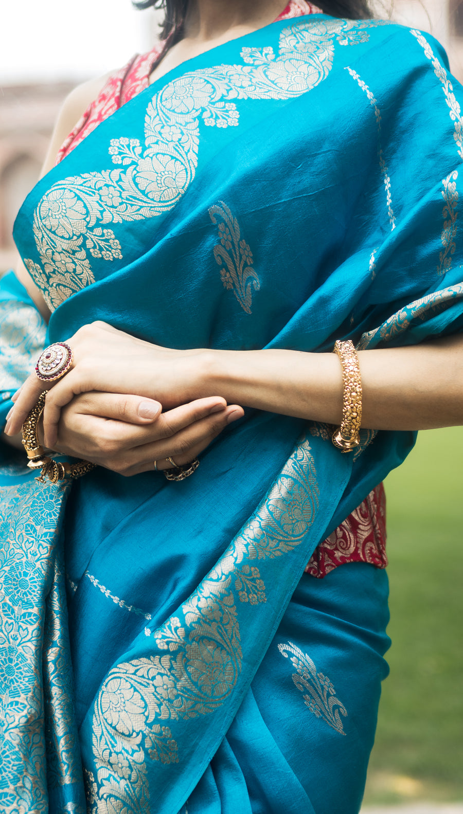 Turquoise Blue Banarasi Silk Saree – Silver Zari Border detail