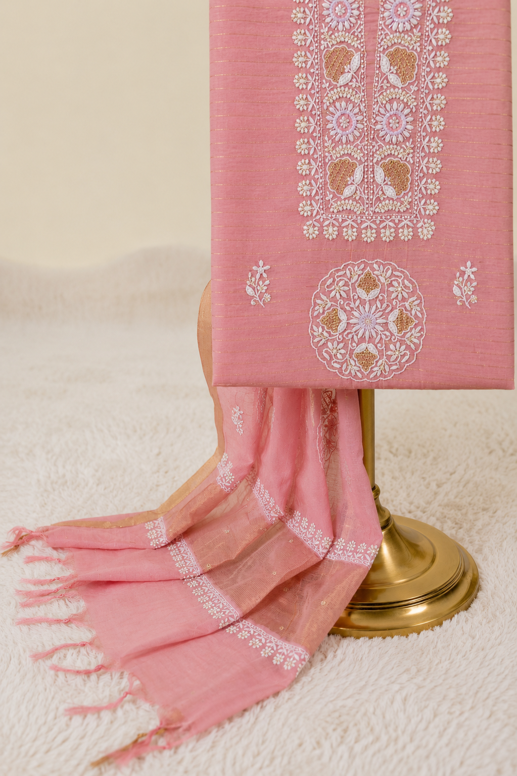 Blush Pink Chikankari Unstitched Kurta & Dupatta